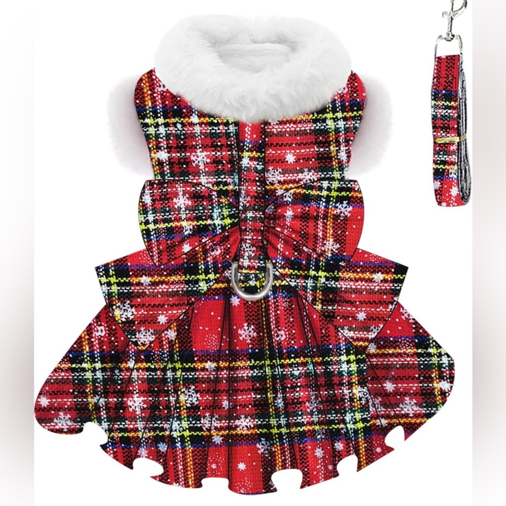 NWOT Red XXS Dog Dress with Faux Fur Lining, Collar & Sleeves BONUS LEASH